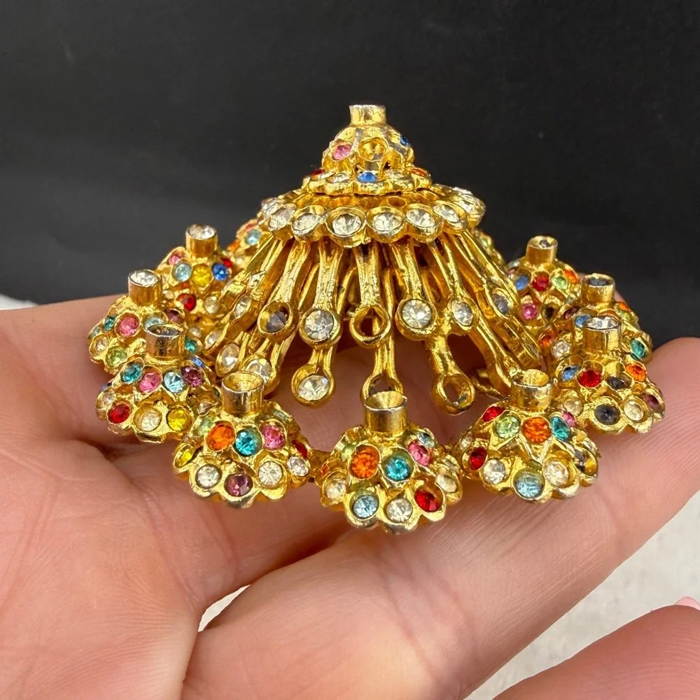 Vintage Rhinestone Dome Brooch Gold Tone Heavy READ